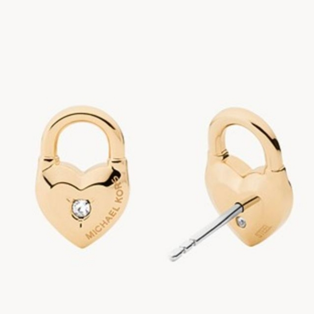 Michael Kors Gold-Tone SS Heart Padlock Crystal Stud Earrings MKJ7422710 NWT